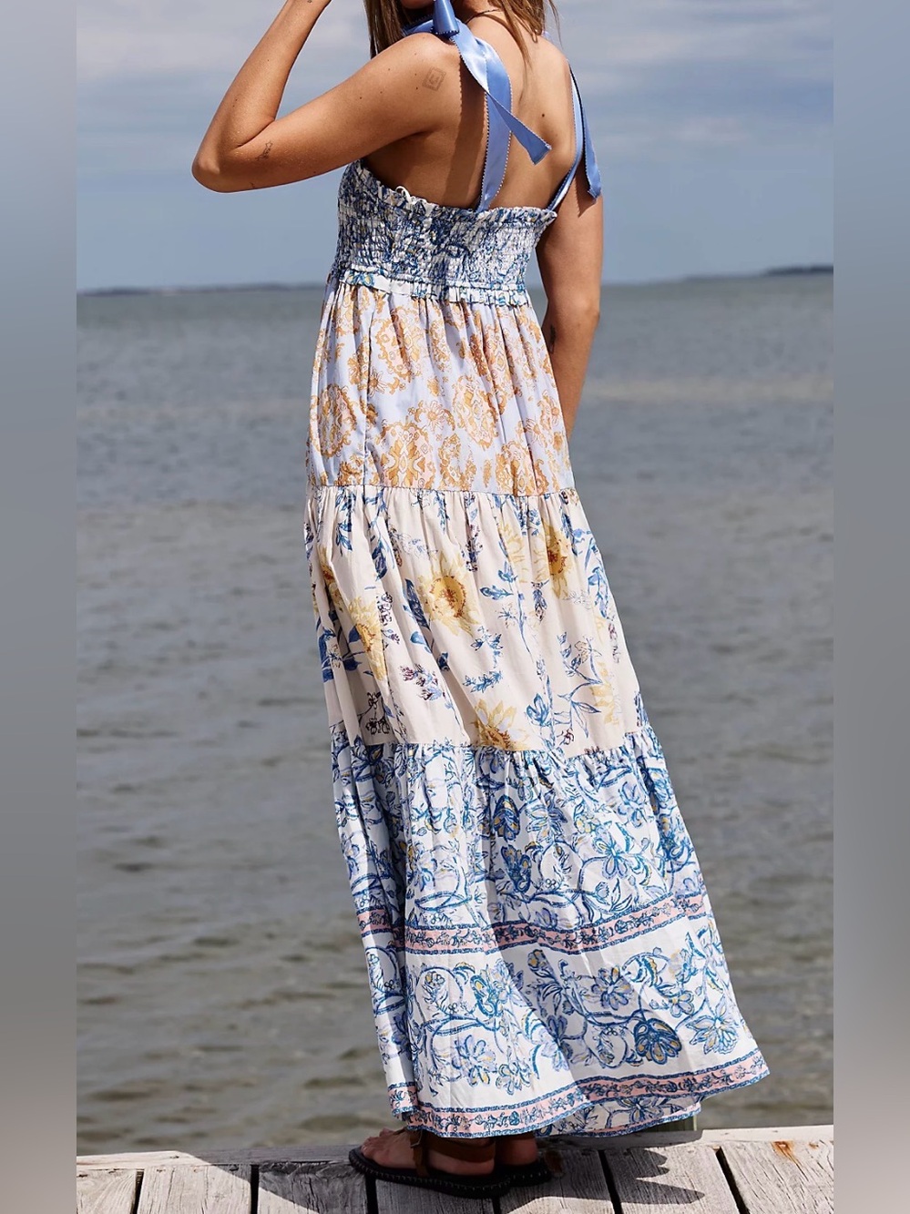 free people Bluebell White Floral Patchwork Cotton Poplin Smocked Maxi Dress S - Picture 2 of 11